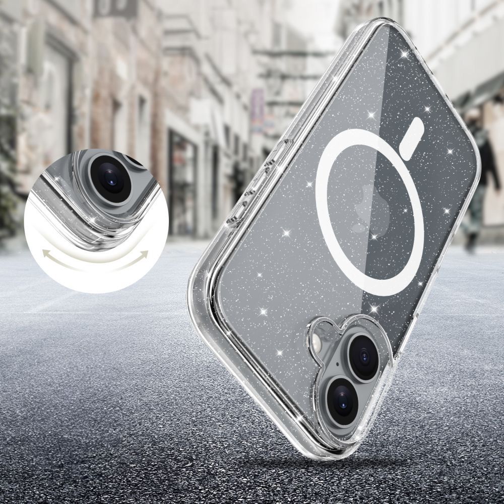 Etui Tech-Protect Flexair Hybrid do MagSafe do iPhone 16, przezroczyste z brokatem